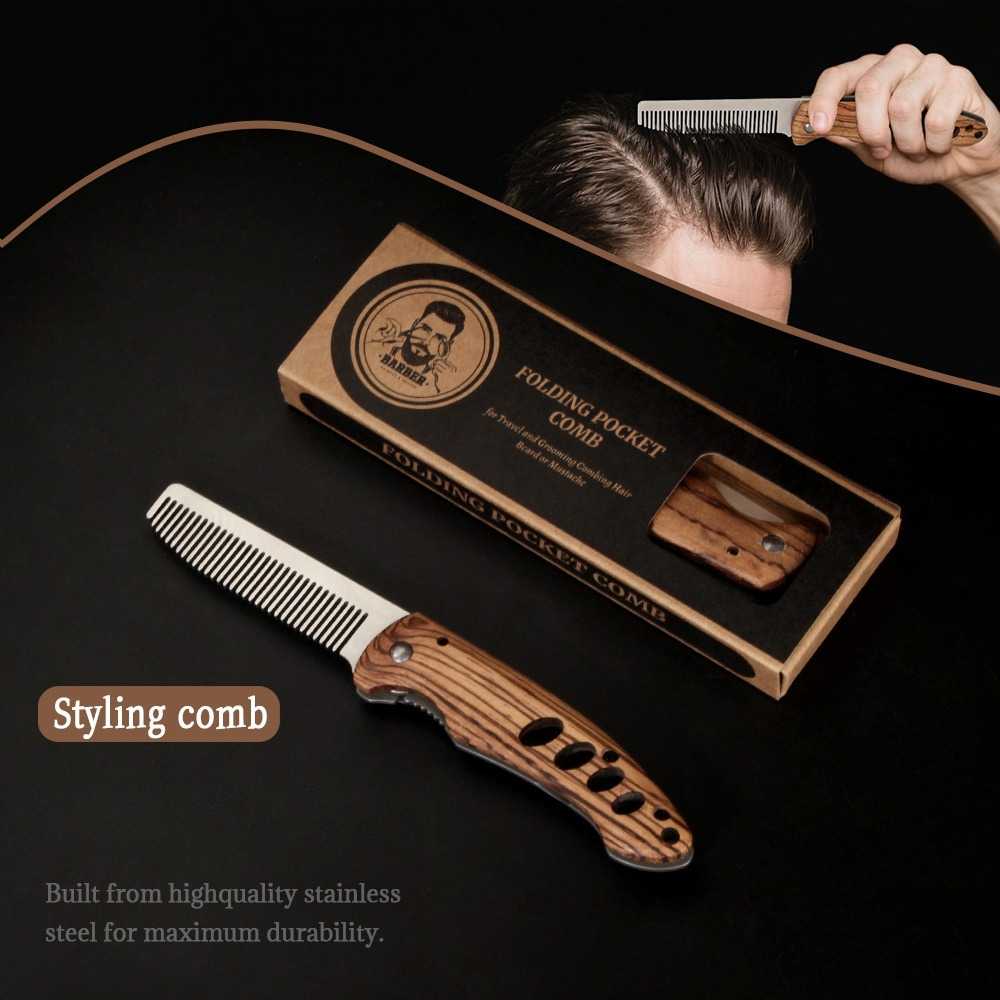 Mens Grooming Travel Kit - Solid Wood & Metal Folding Beard